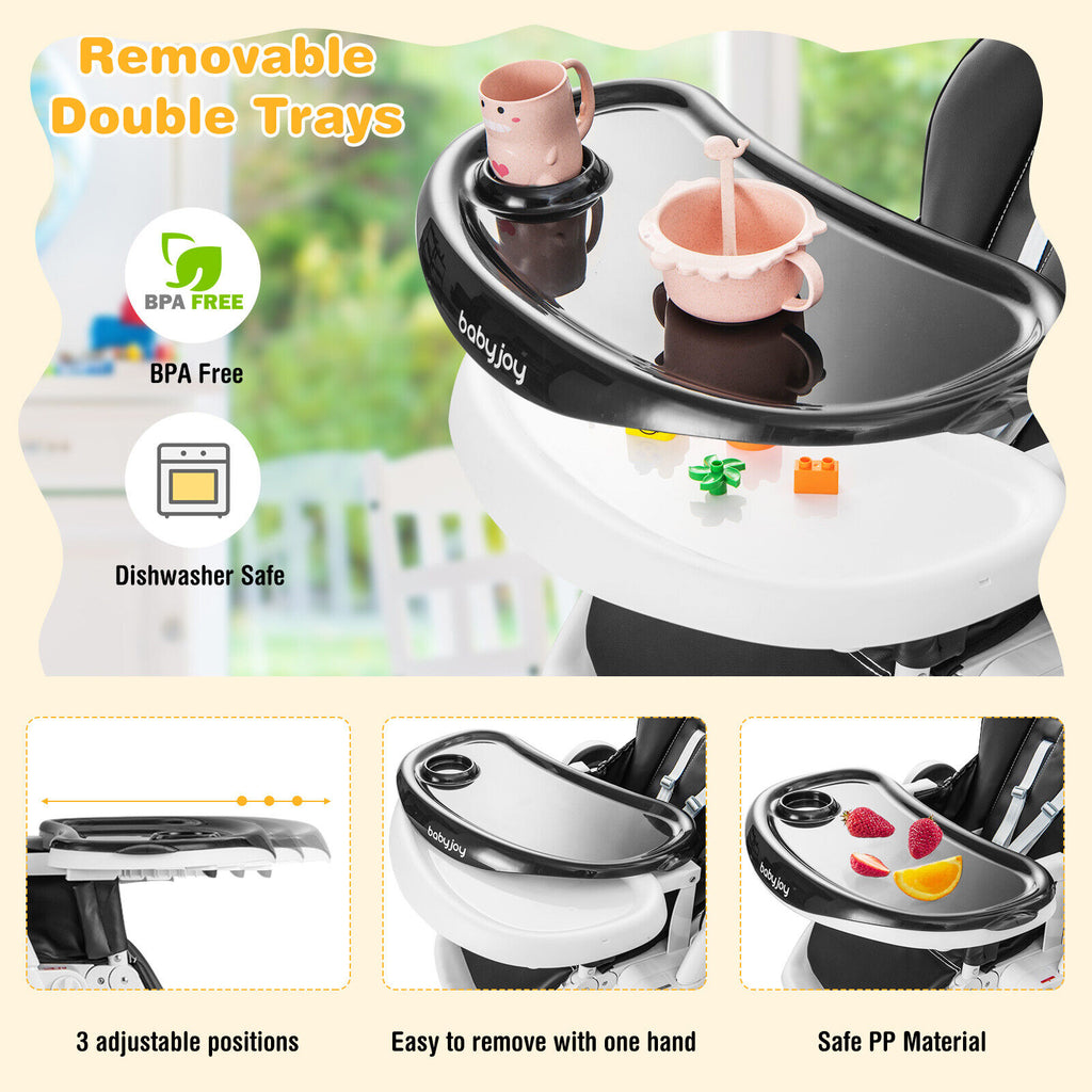 Baby High Chair Foldable Feeding Chair with Lockable Wheels - Black