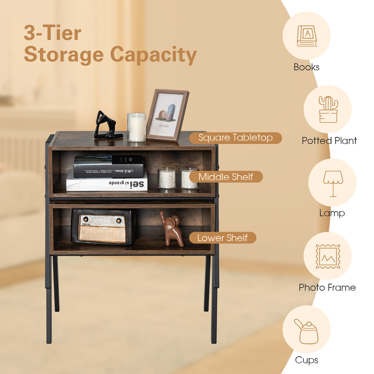 Stackable Nightstand with Metal Frame - Accent Table
