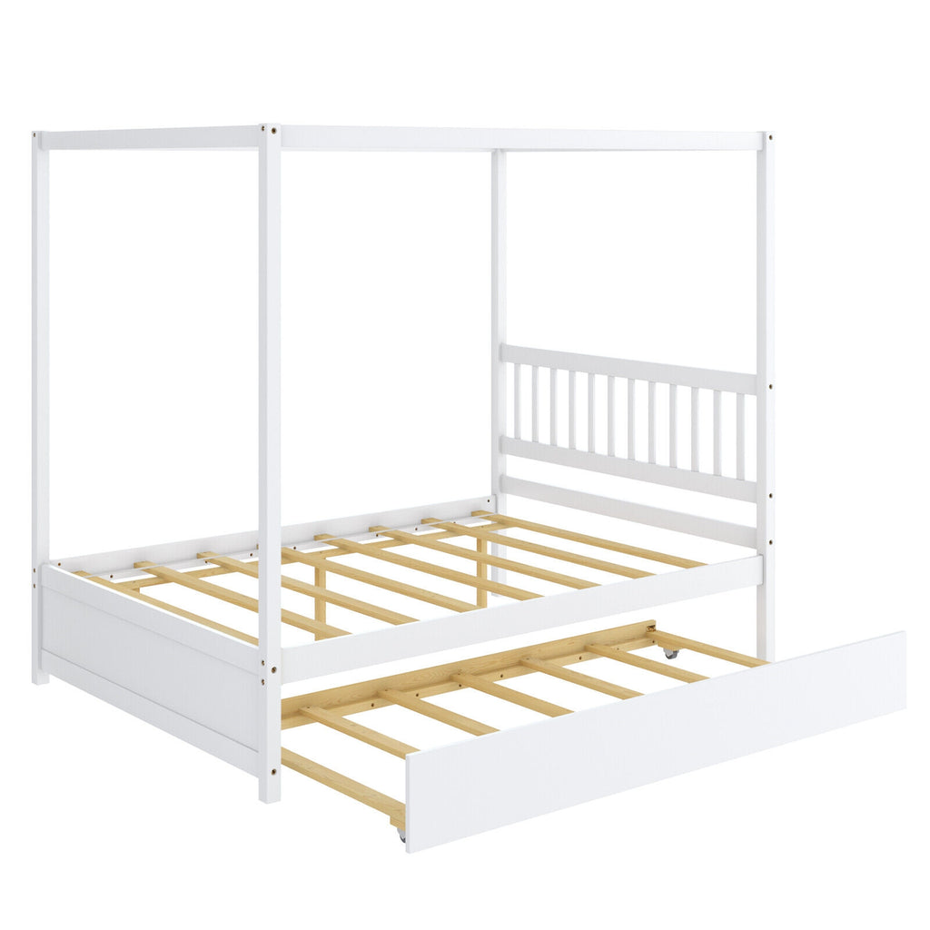 Full Size Canopy Bed Frame with Trundle & Headboard - White