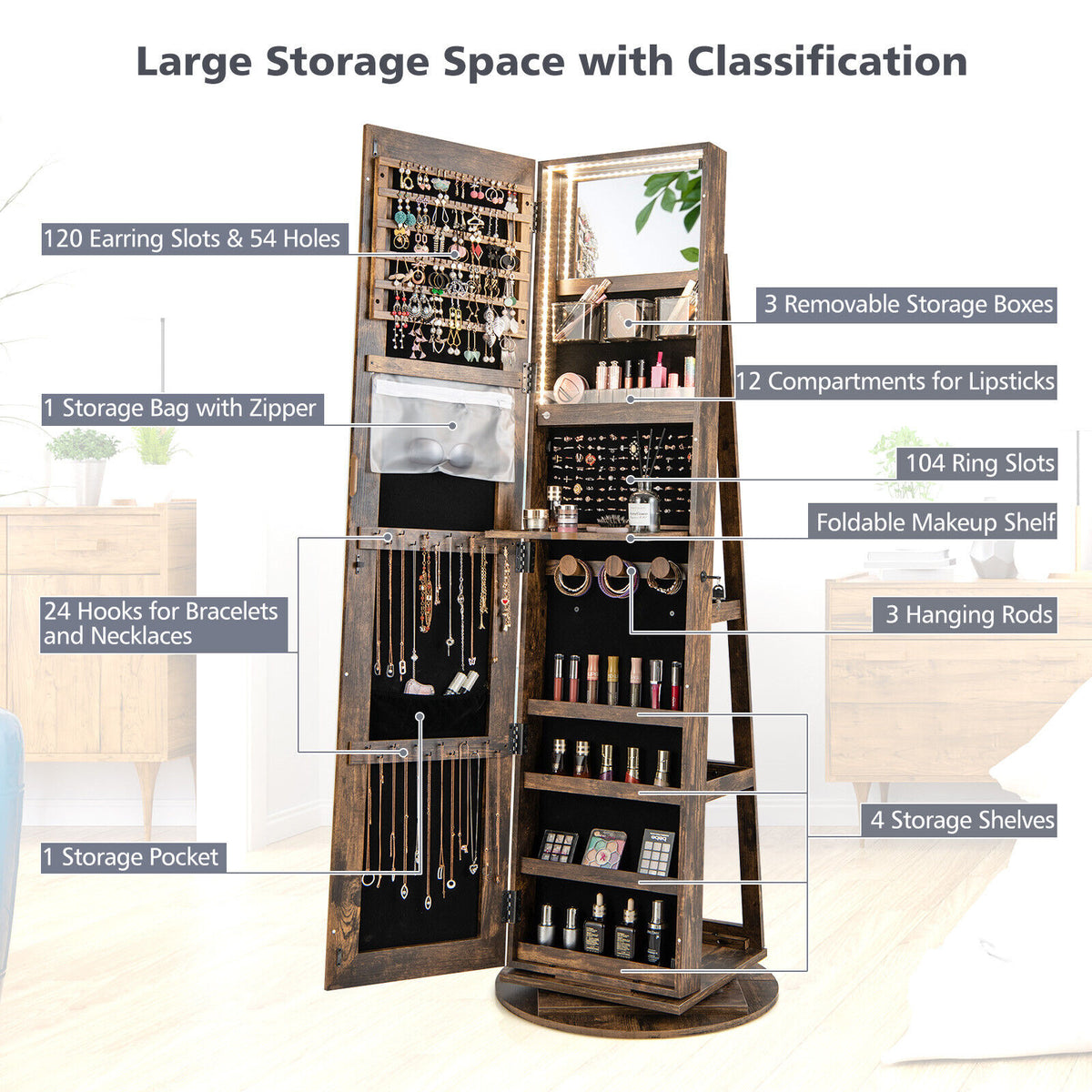 360° Rotating Jewelry Cabinet with Mirror & LED Light - Brown, 5 Shelves