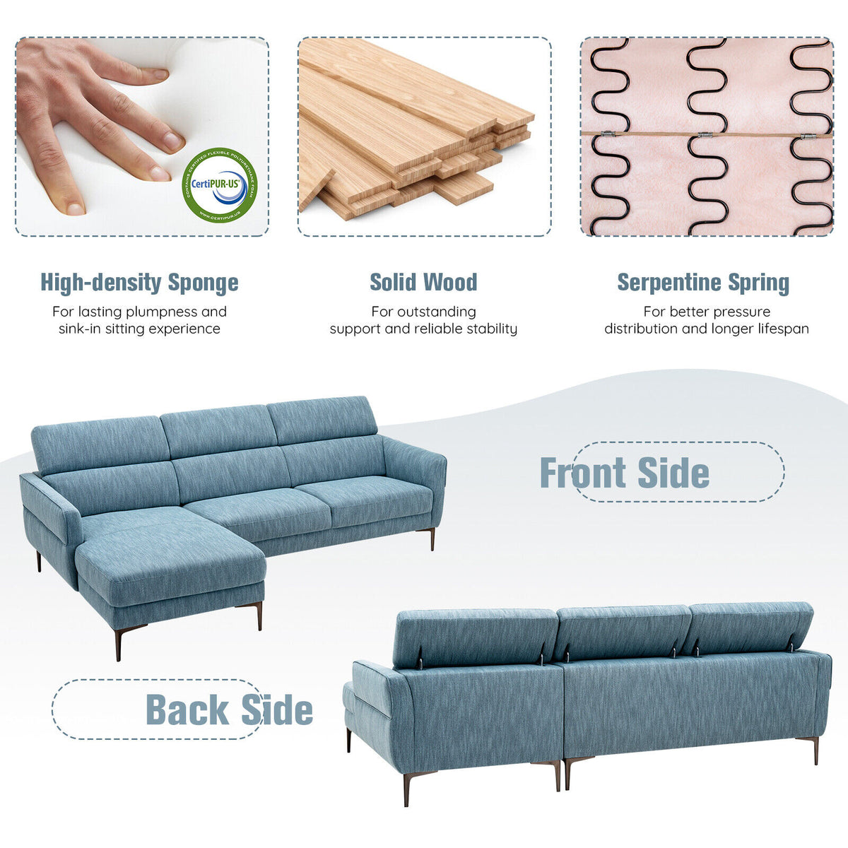 105 Inch L-Shaped Sofa Couch with Adjustable Headrests, Blue