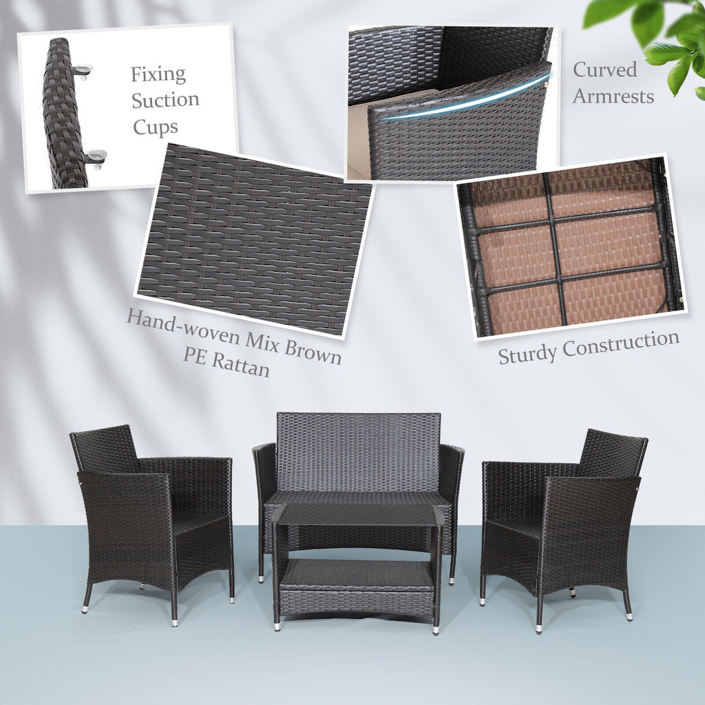 4-Piece Patio Conversation Set with Cushions & Tempered Glass Table