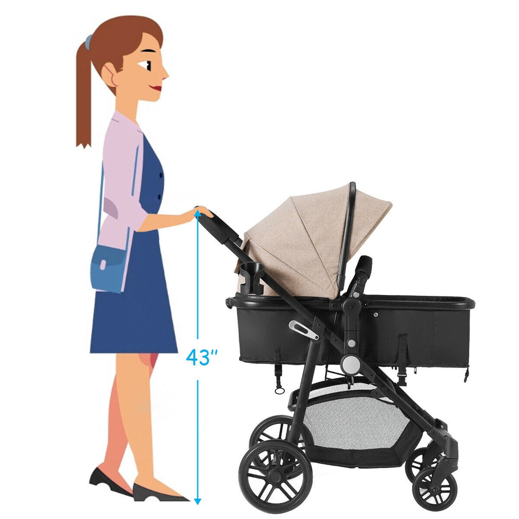 2-in-1 Foldable Infant Baby Stroller with Cup Holder - Light Brown, Newborn to 36 Months
