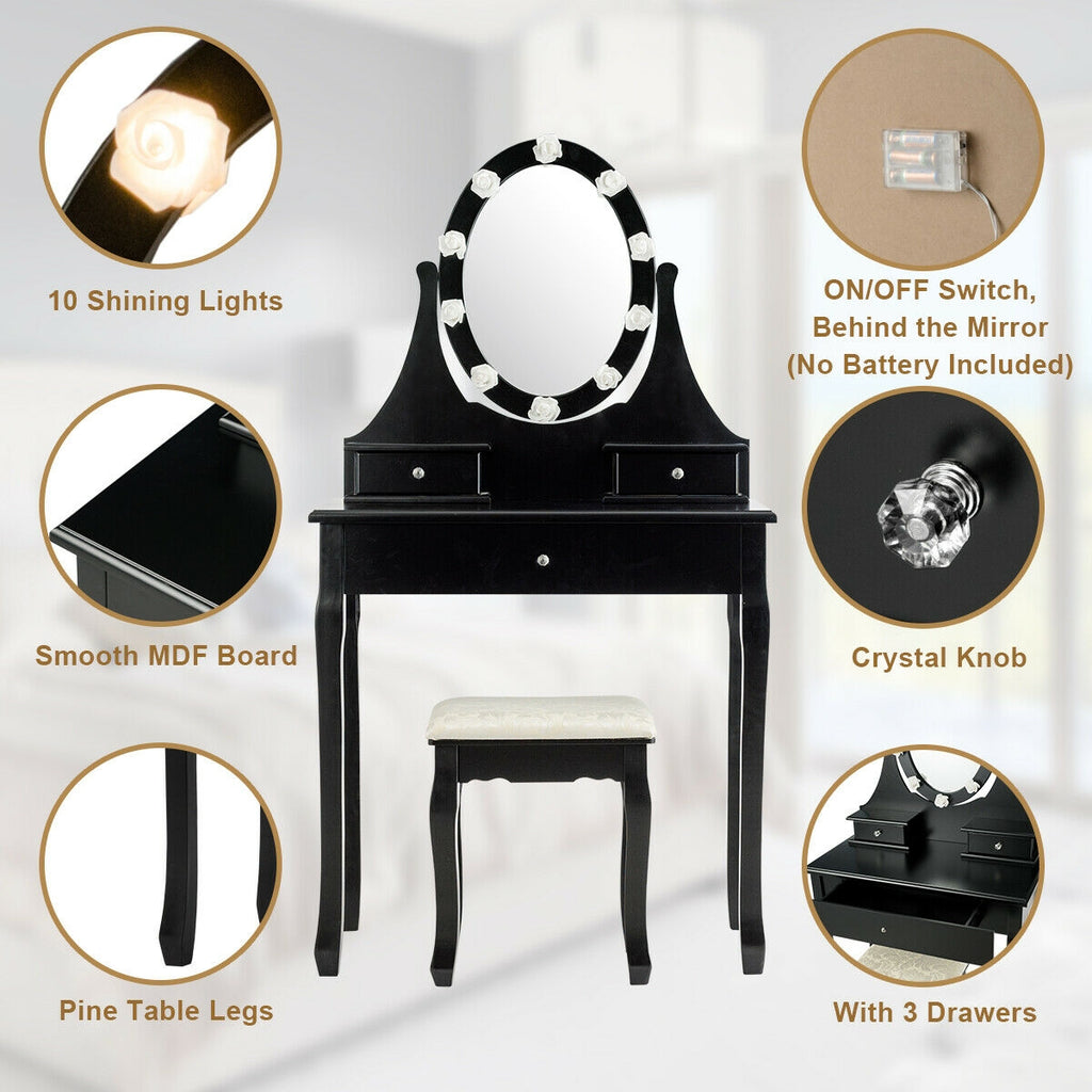 Lighted Dressing Table with 3 Drawers & Stool - Black, Style 2