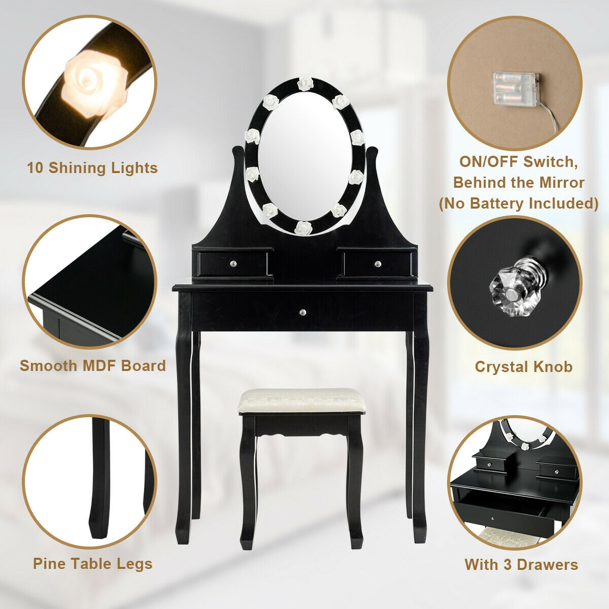 Lighted Dressing Table with 3 Drawers & Stool - Black, Style 2