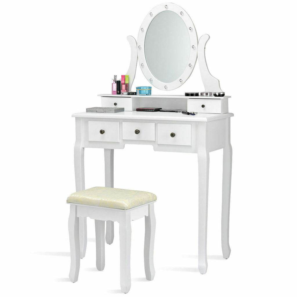 5 Drawer Vanity Table with Stool & 12-LED Mirror - White