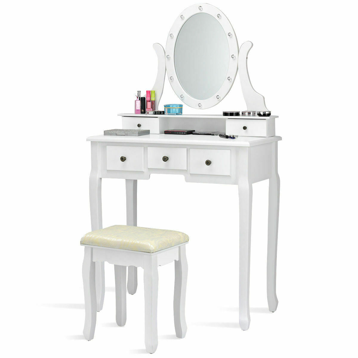5 Drawer Vanity Table with Stool & 12-LED Mirror - White