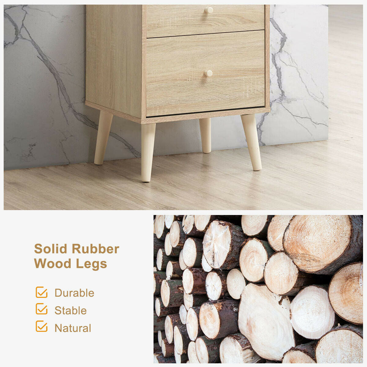 2-Drawer Nightstand with Rubber Legs - Natural