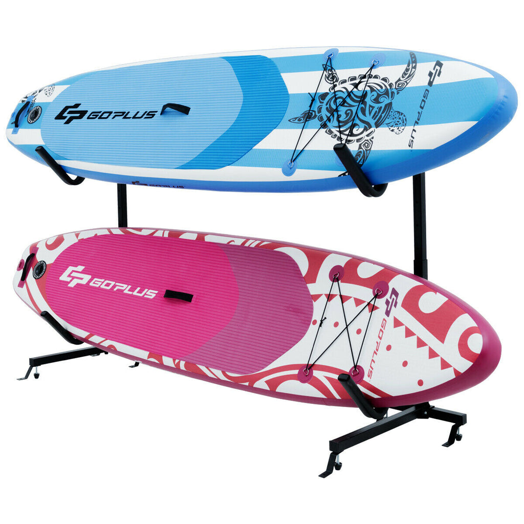 Dual Kayak Storage Rack - Height Adjustable Freestanding Boat Rack with Hooks