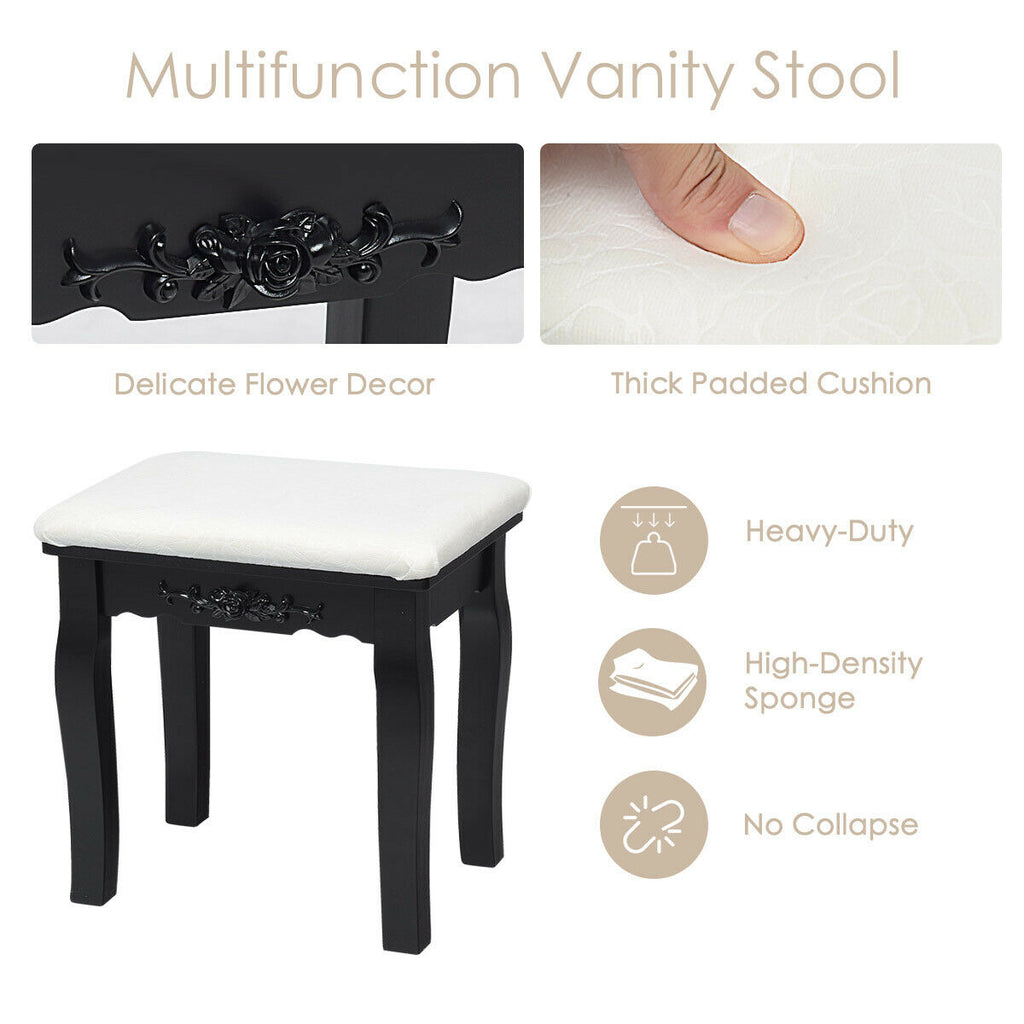 Dimmable Vanity Table with Lighted Mirror and Cushioned Stool, Black