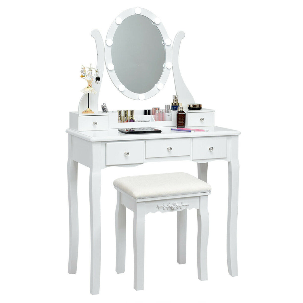 Dimmable Vanity Table Set with Lighted Mirror and Cushioned Stool, White