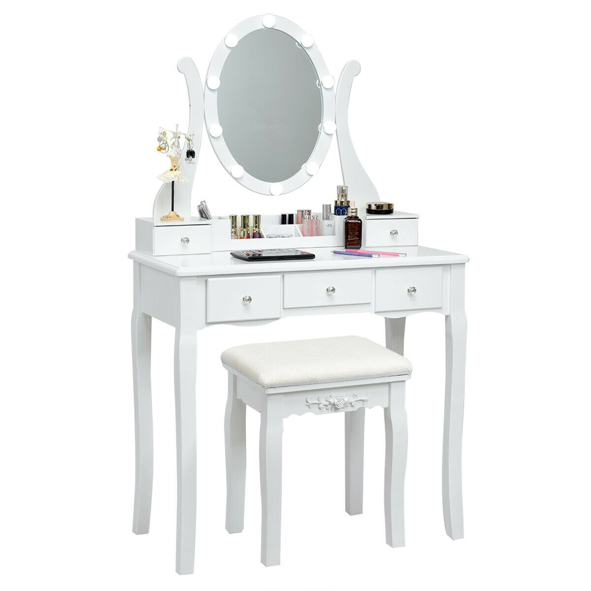 Dimmable Vanity Table Set with Lighted Mirror and Cushioned Stool, White