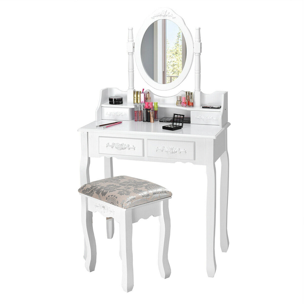 Vanity Table Set with Oval Mirror and 4 Drawers, White