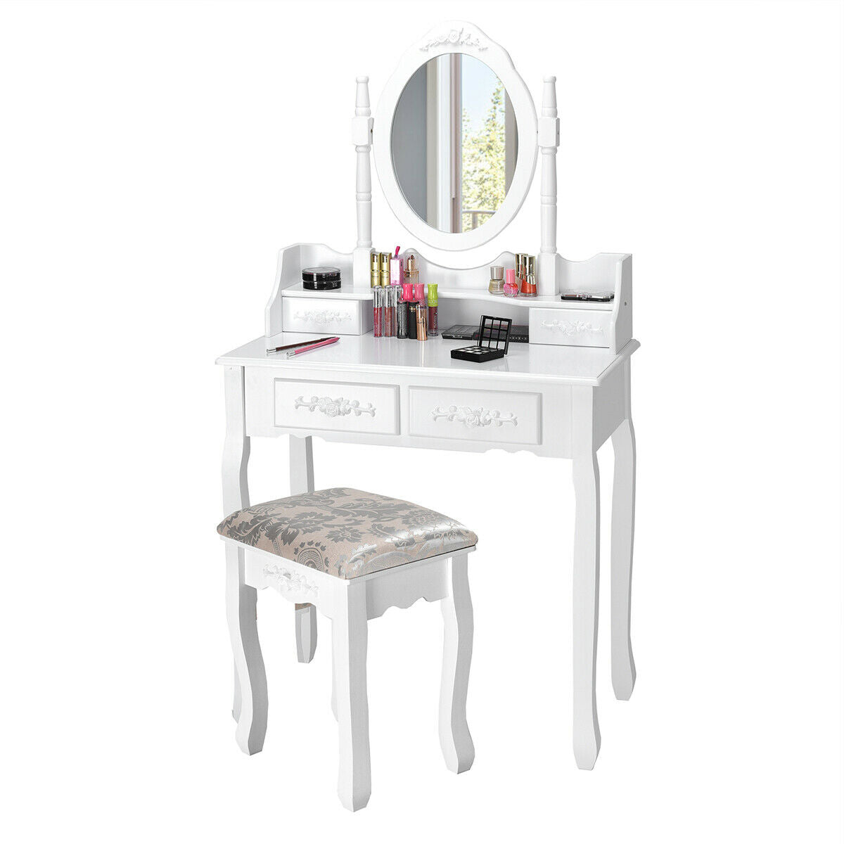 Vanity Table Set with Oval Mirror and 4 Drawers, White