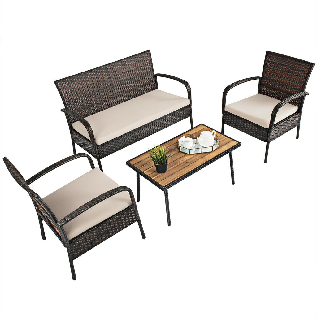 4-Piece Patio Cushioned Wicker Conversation Set with Acacia Wood Tabletop