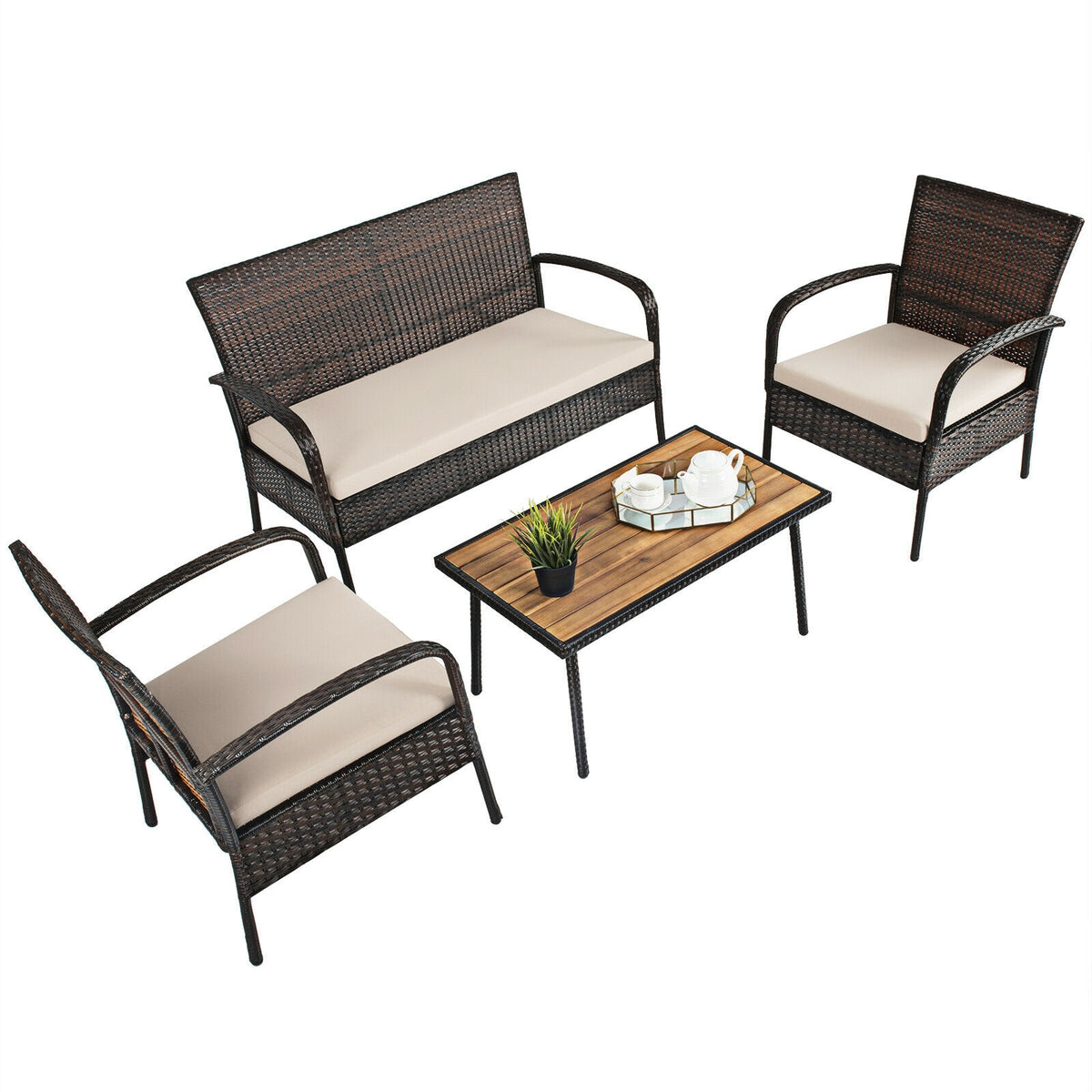 4-Piece Patio Cushioned Wicker Conversation Set with Acacia Wood Tabletop