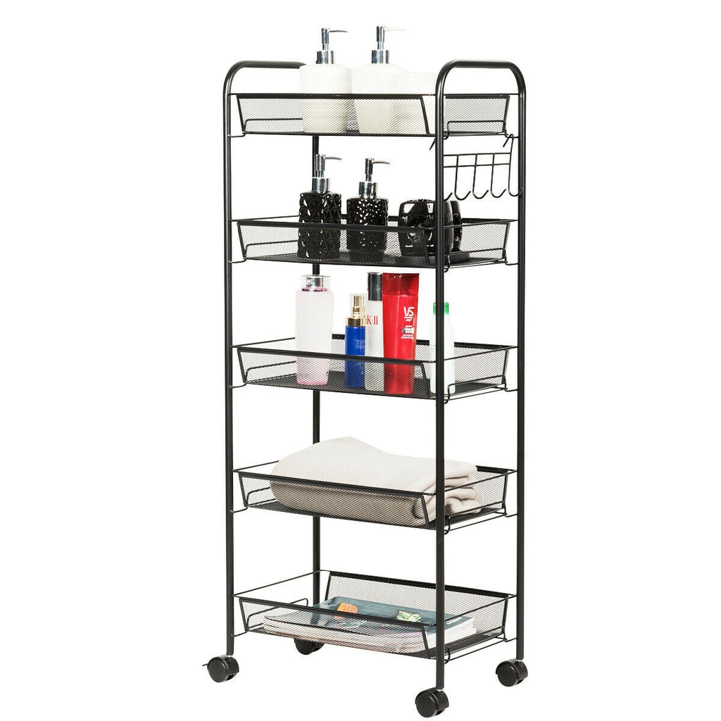 5-Tier Mesh Rolling Cart with Lockable Wheels, Black