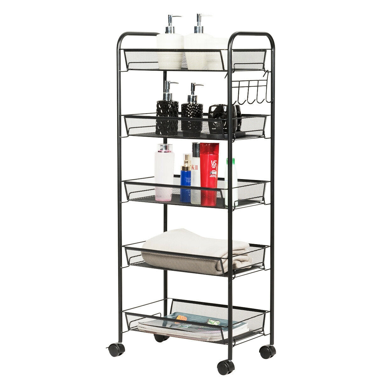 5-Tier Mesh Rolling Cart with Lockable Wheels, Black