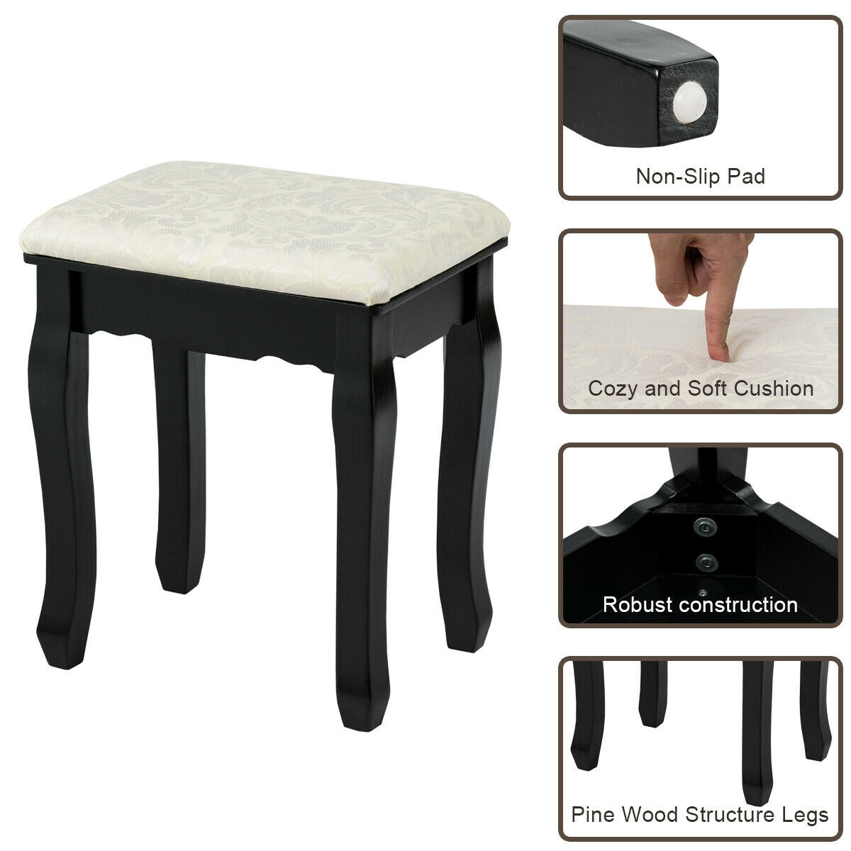Lighted Dressing Table with 3 Drawers and Stool - Style 2, Black