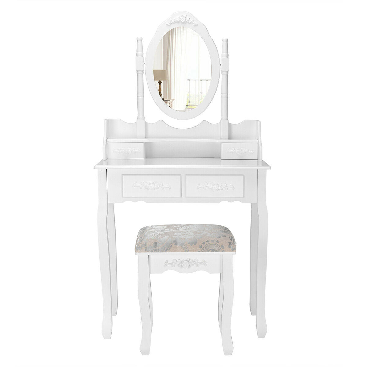 Vanity Table Set with Oval Mirror and 4 Drawers, White