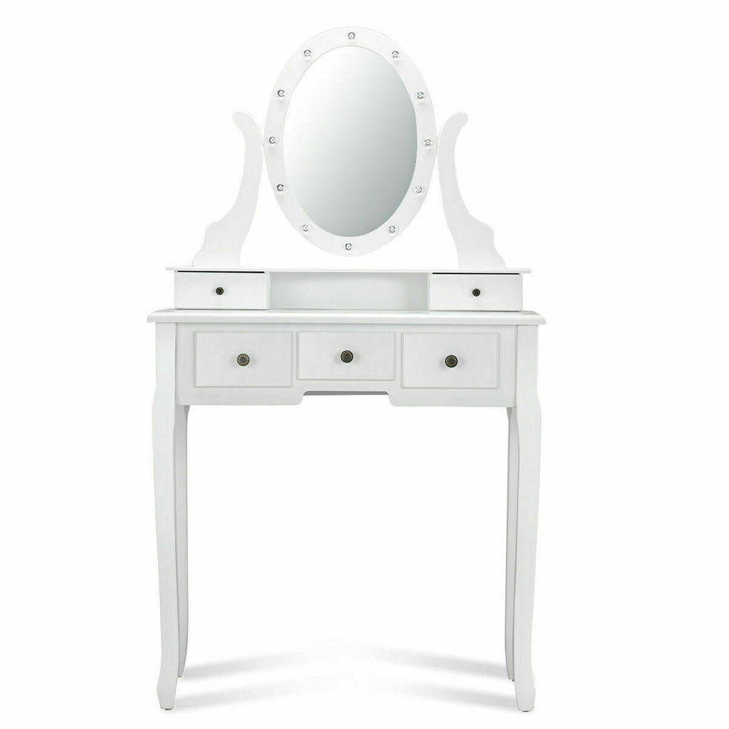 5 Drawer Vanity Table with Stool & 12-LED Mirror - White
