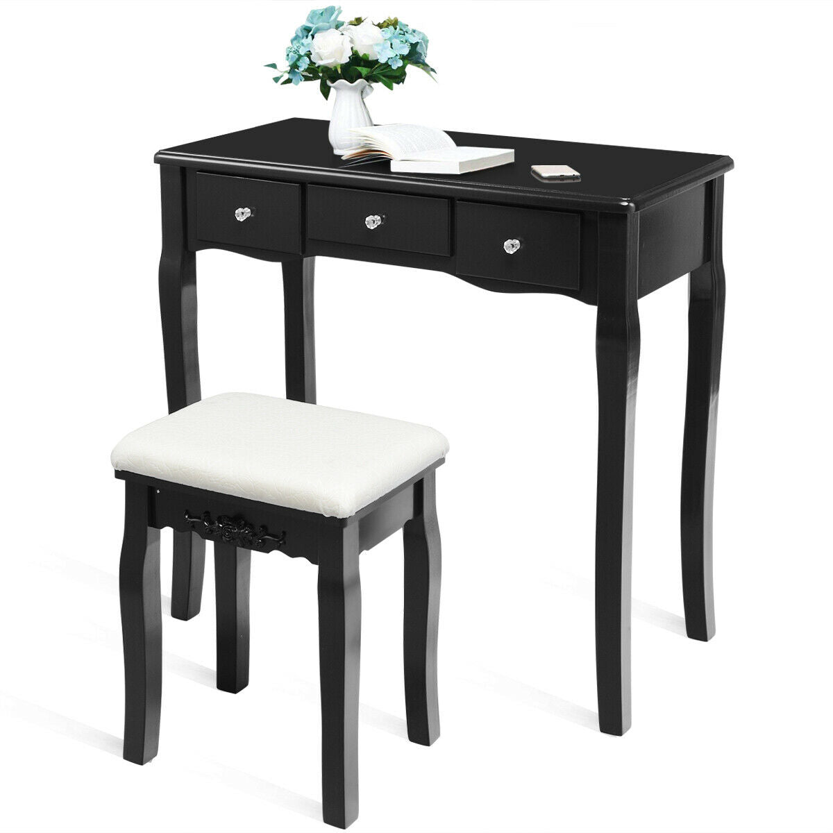 Dressing Table with Lighted Mirror and Stool - Square, Black