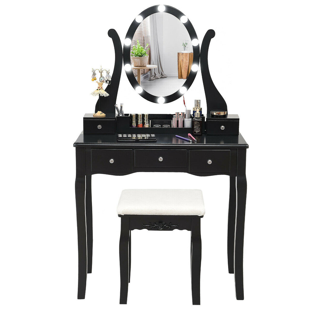 Dimmable Vanity Table with Lighted Mirror and Cushioned Stool, Black