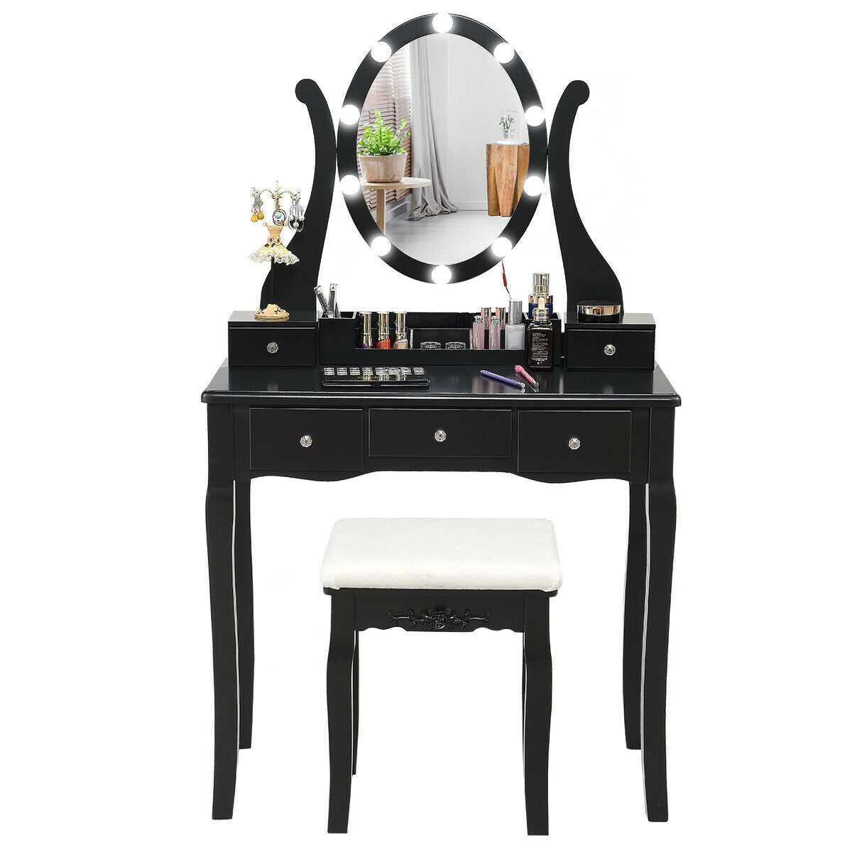 Dimmable Vanity Table with Lighted Mirror and Cushioned Stool, Black