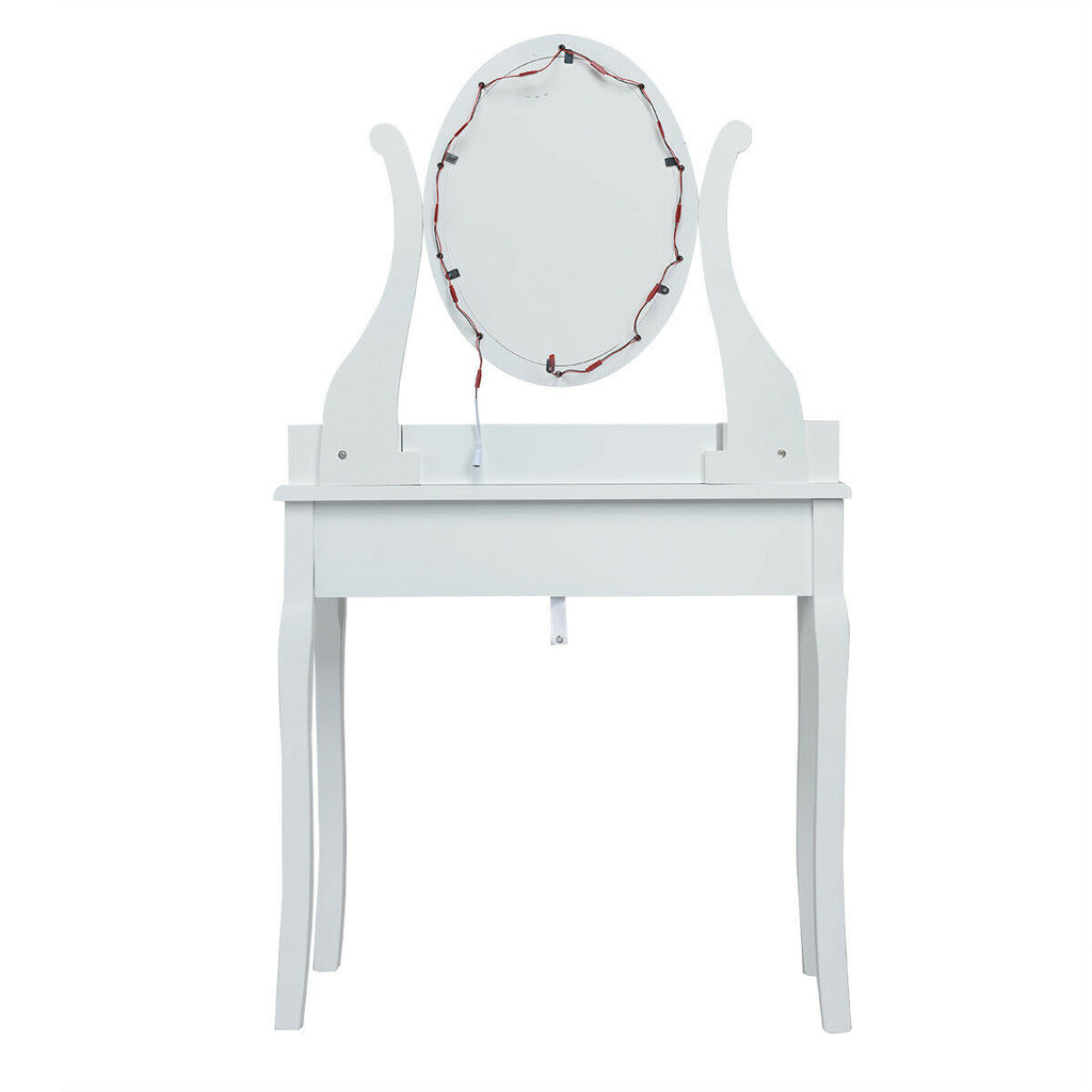 Dimmable Vanity Table Set with Lighted Mirror and Cushioned Stool, White