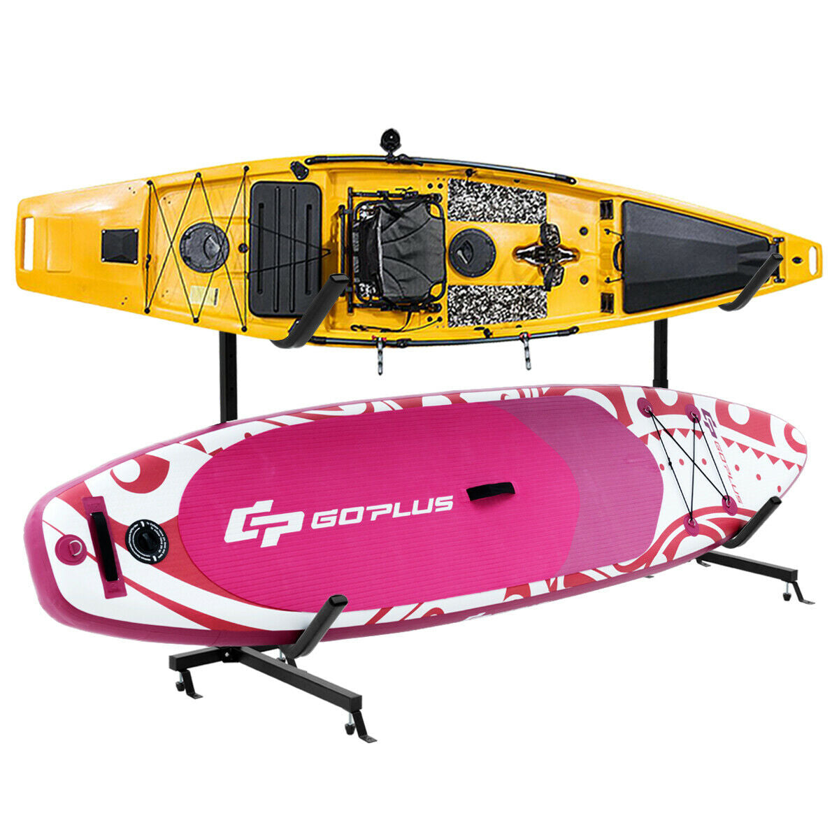 Dual Kayak Storage Rack - Height Adjustable Freestanding Boat Rack with Hooks