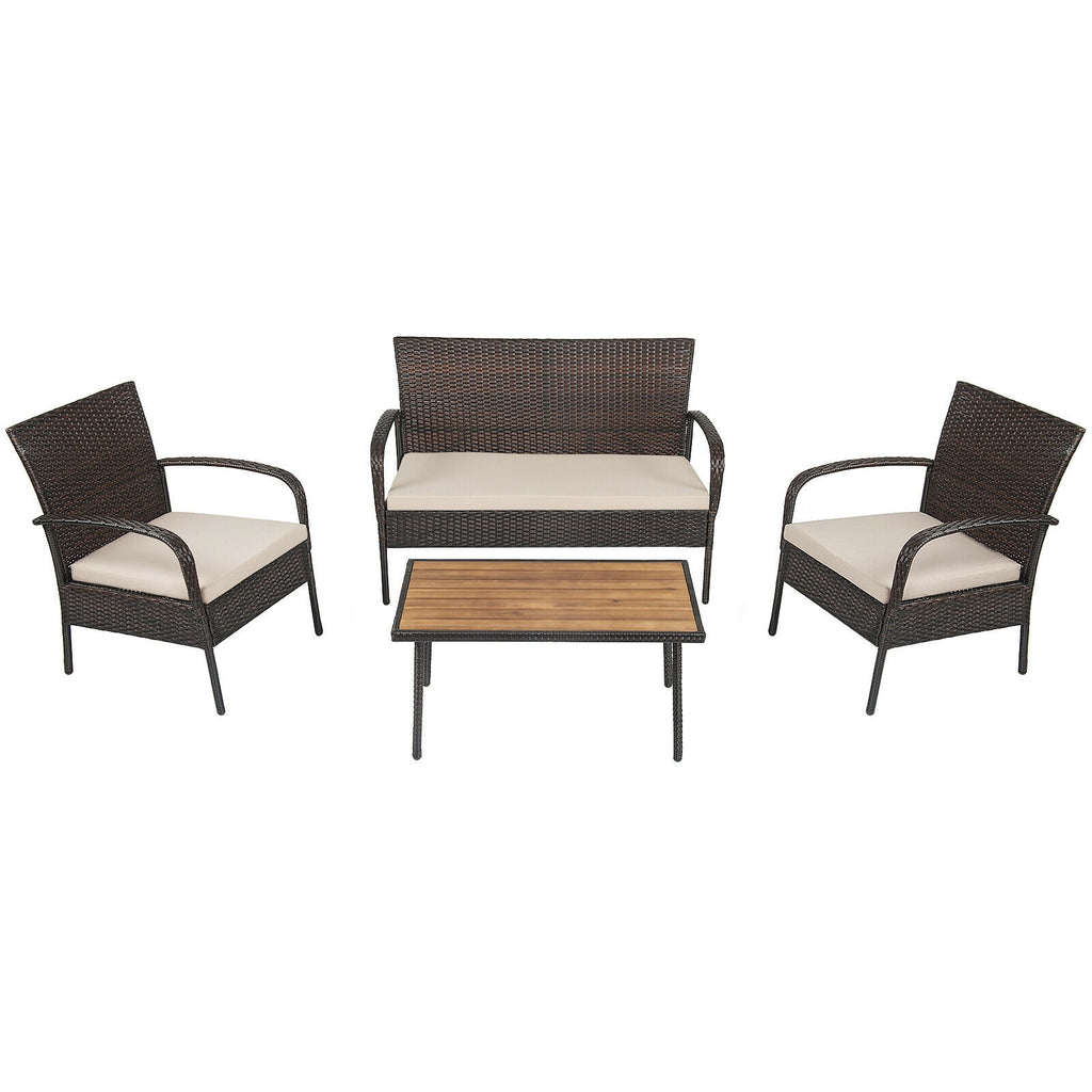 4-Piece Patio Cushioned Wicker Conversation Set with Acacia Wood Tabletop