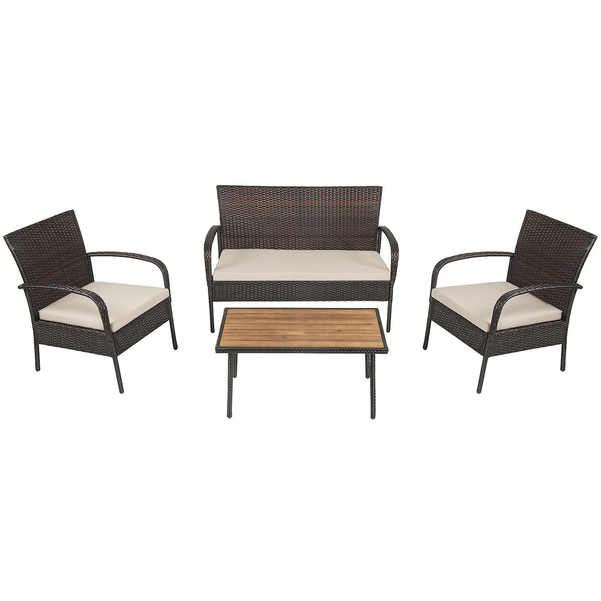 4-Piece Patio Cushioned Wicker Conversation Set with Acacia Wood Tabletop