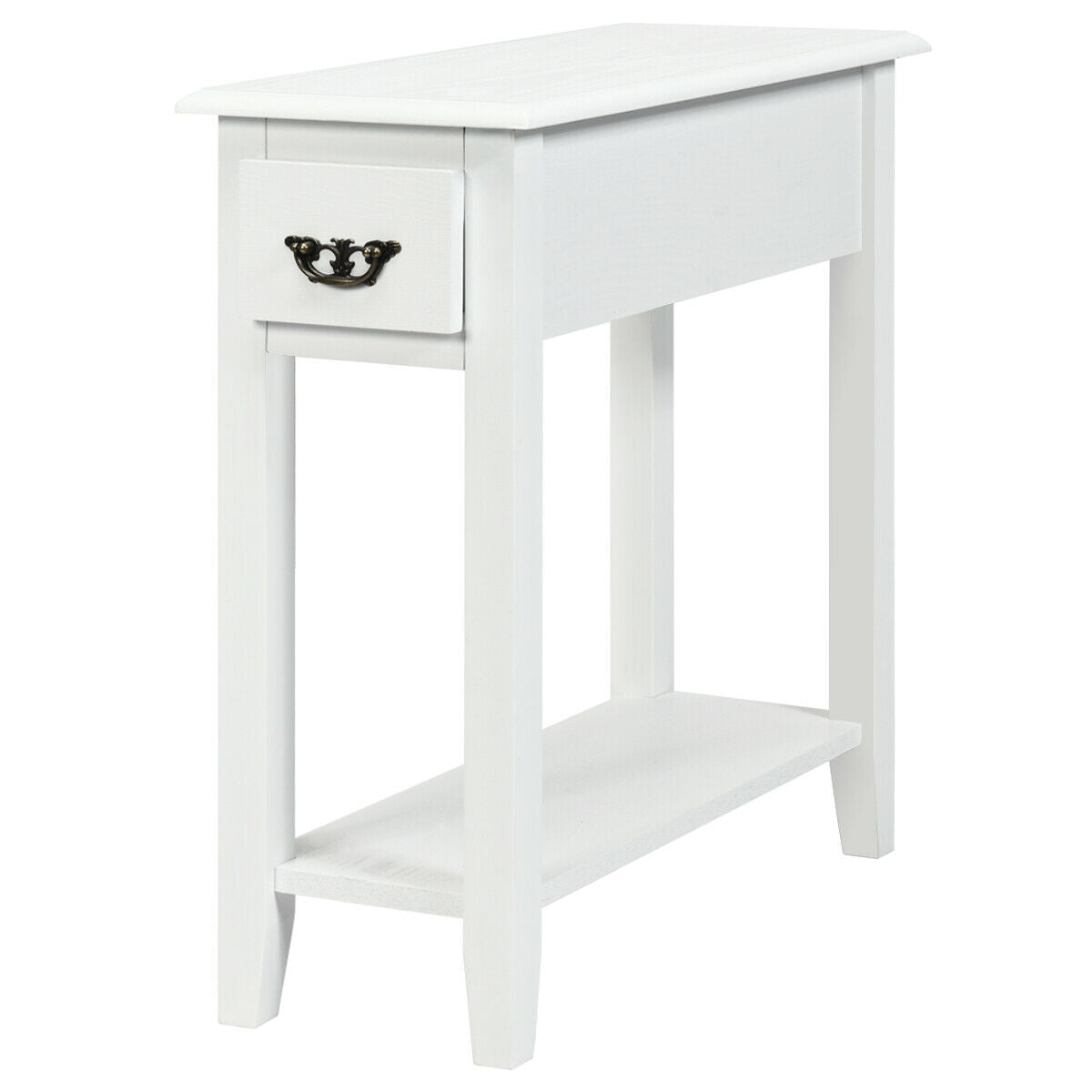 2-Tier Sofa Side Table with Drawer and Open Shelf, Set of 2, White