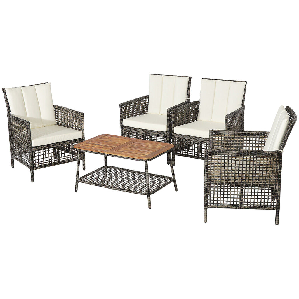 5 Pieces Patio Rattan Furniture Set Cushioned Sofa Armrest Wooden