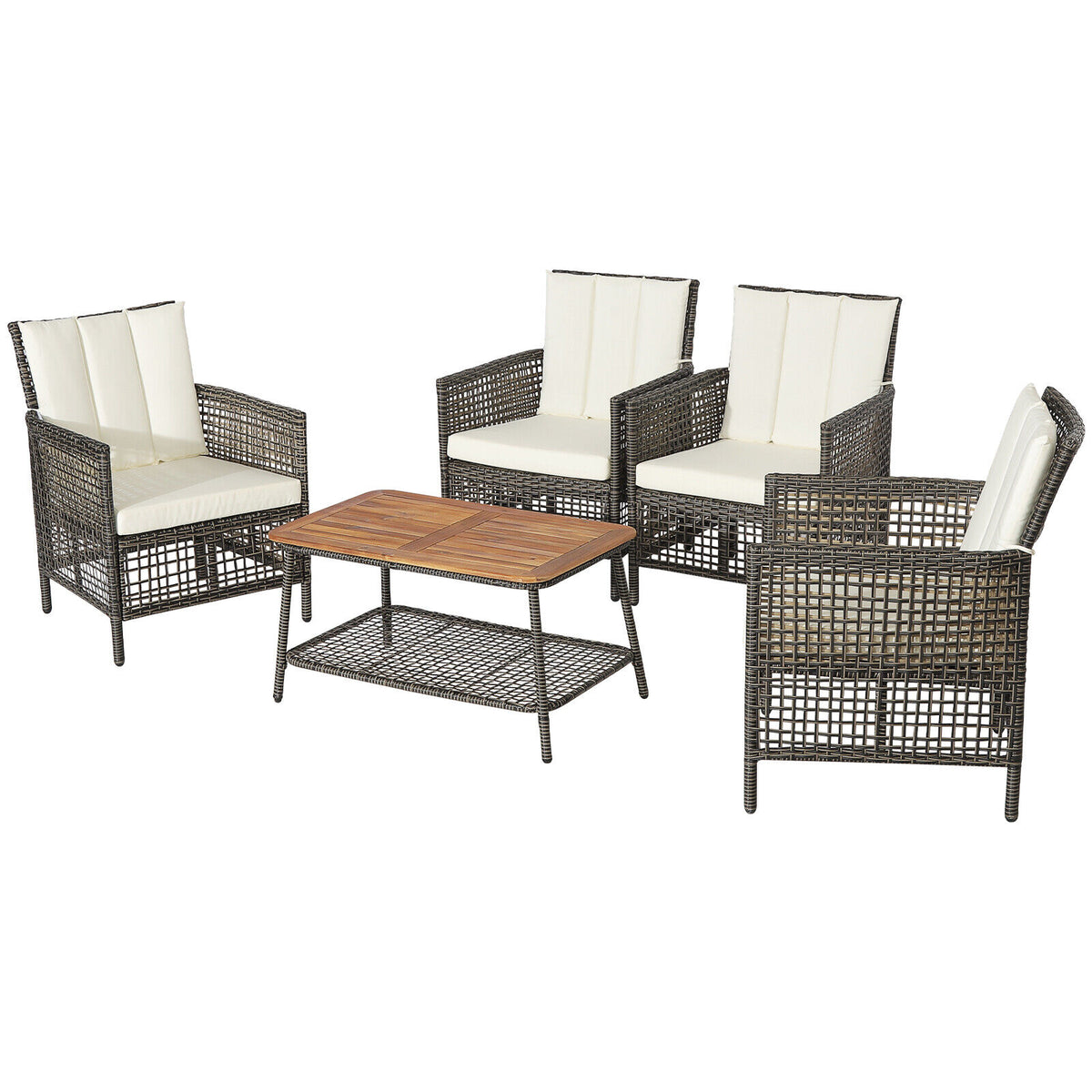 5 Pieces Patio Rattan Furniture Set Cushioned Sofa Armrest Wooden
