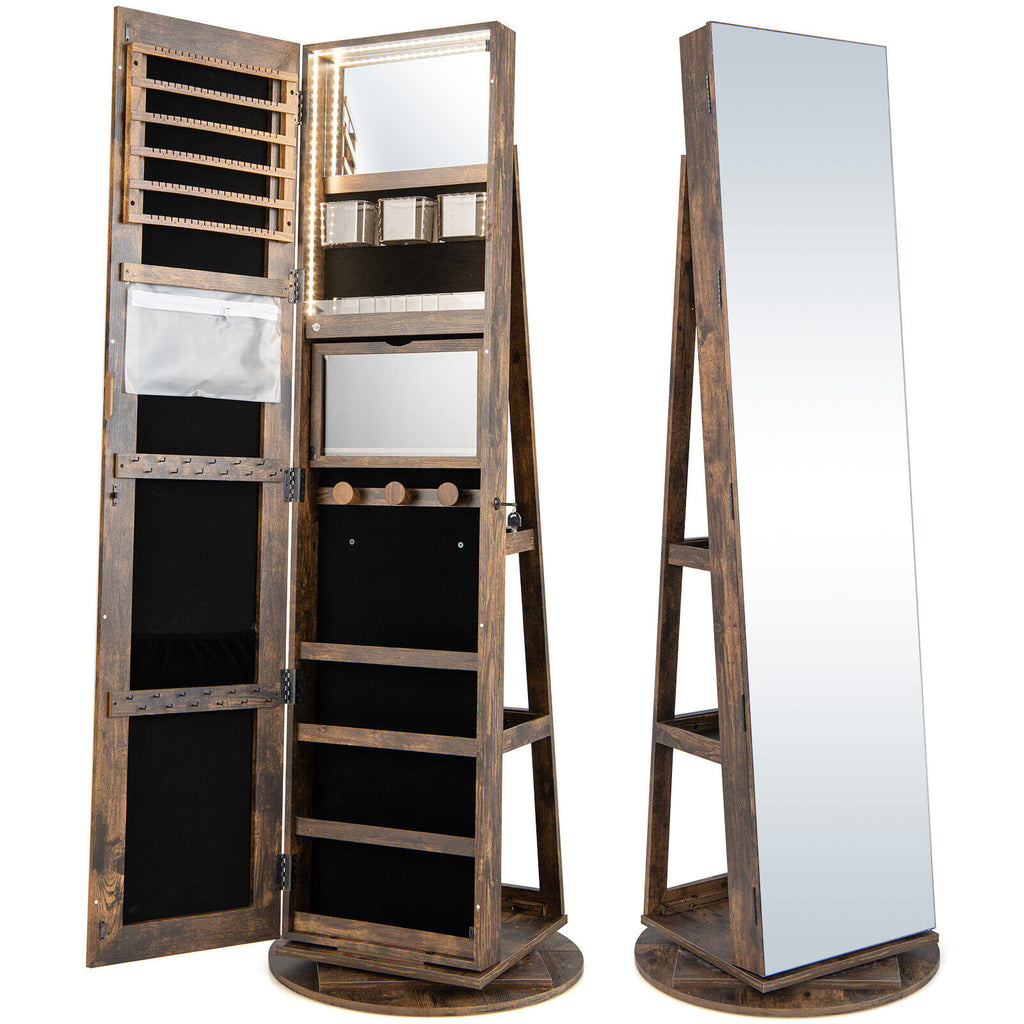 360° Rotating Jewelry Cabinet with Mirror & LED Light - Brown, 5 Shelves