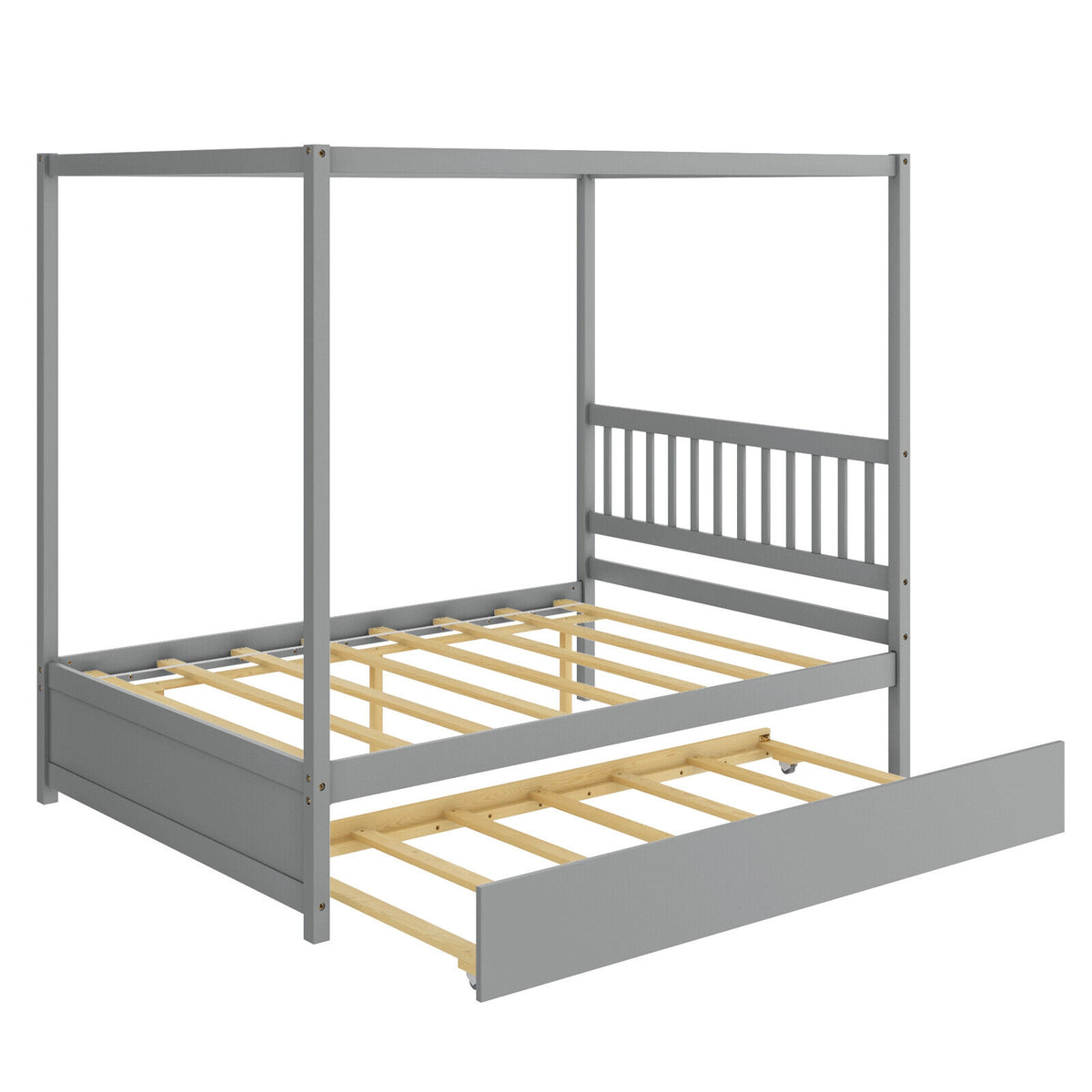 Full Size Canopy Bed Frame with Trundle & Headboard - White