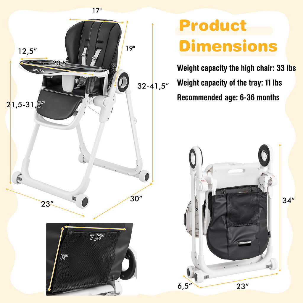 Baby High Chair Foldable Feeding Chair with Lockable Wheels - Black