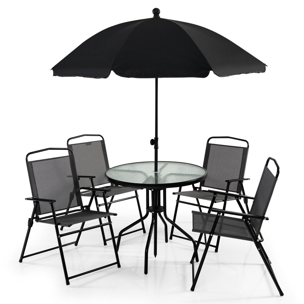 6 Pieces Patio Dining Set Folding Chairs Glass Table Tilt Umbrella