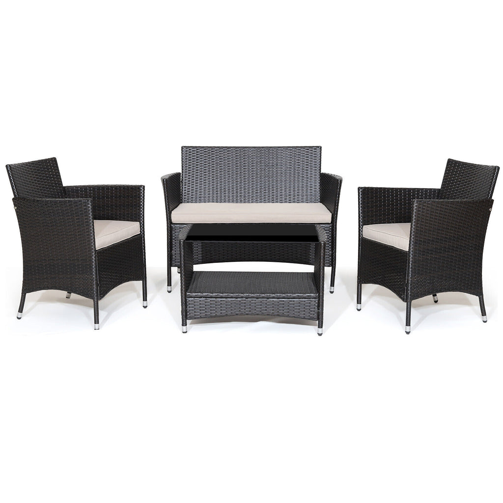4-Piece Patio Conversation Set with Cushions & Tempered Glass Table