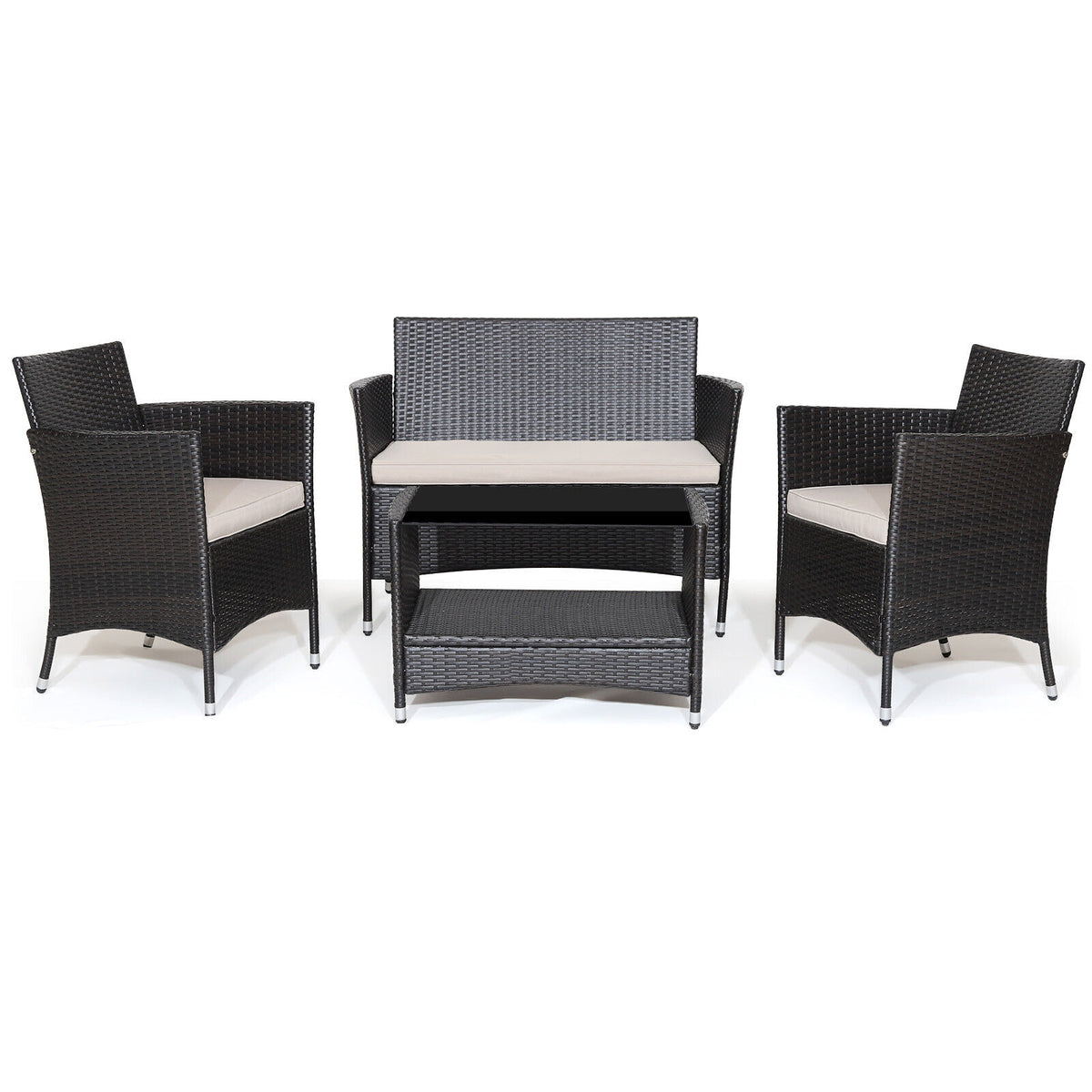 4-Piece Patio Conversation Set with Cushions & Tempered Glass Table