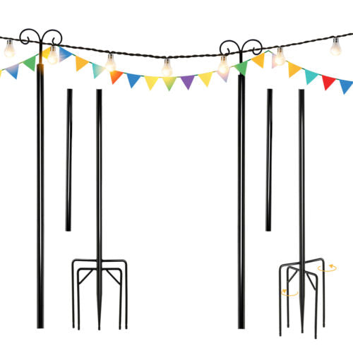 8 Ft Outdoor String Light Poles 2 Pack with Arc Hook & 5-Prong Base - Weatherproof, Tool-Free Assembly