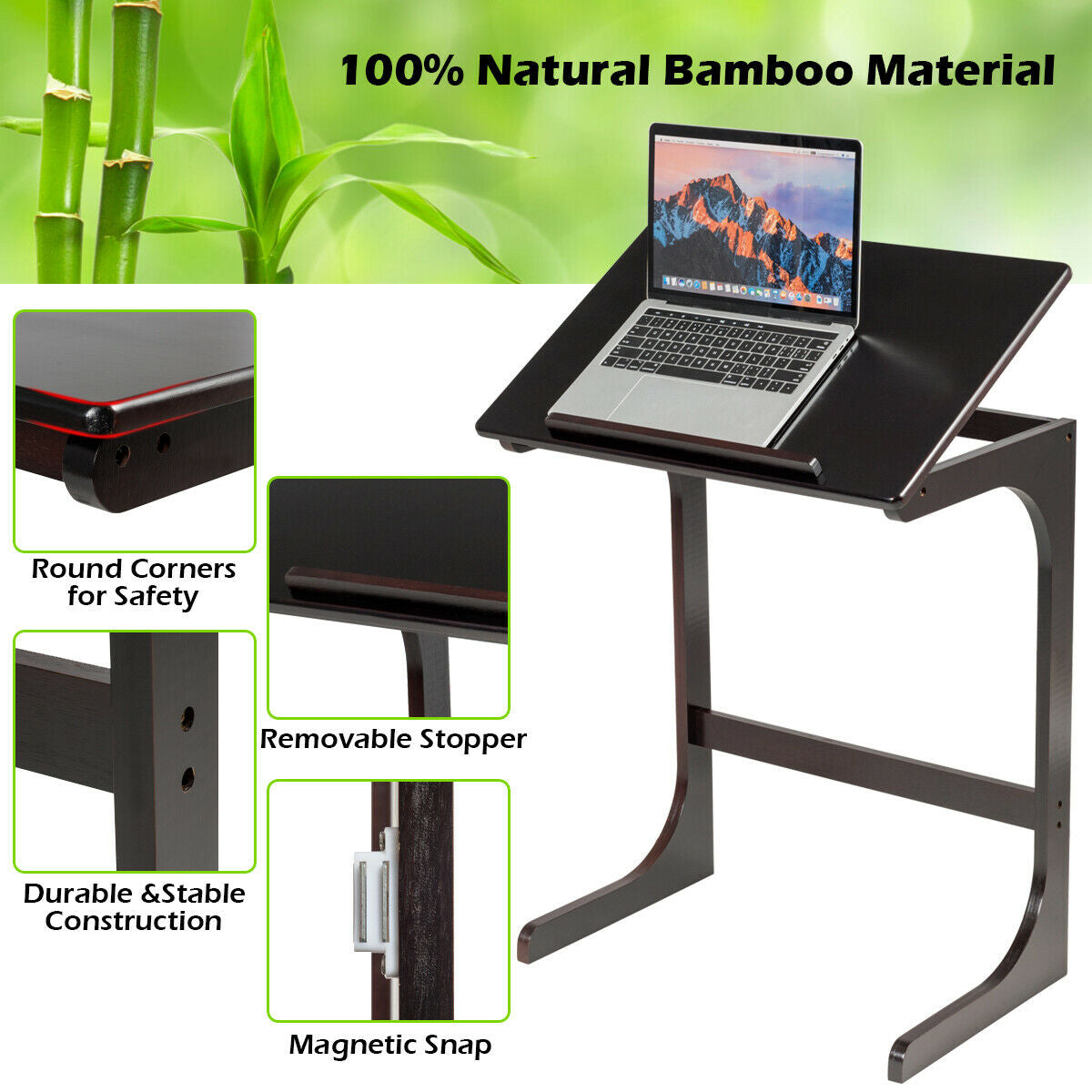 Bamboo Sofa Side Table with Tilting Top - Brown