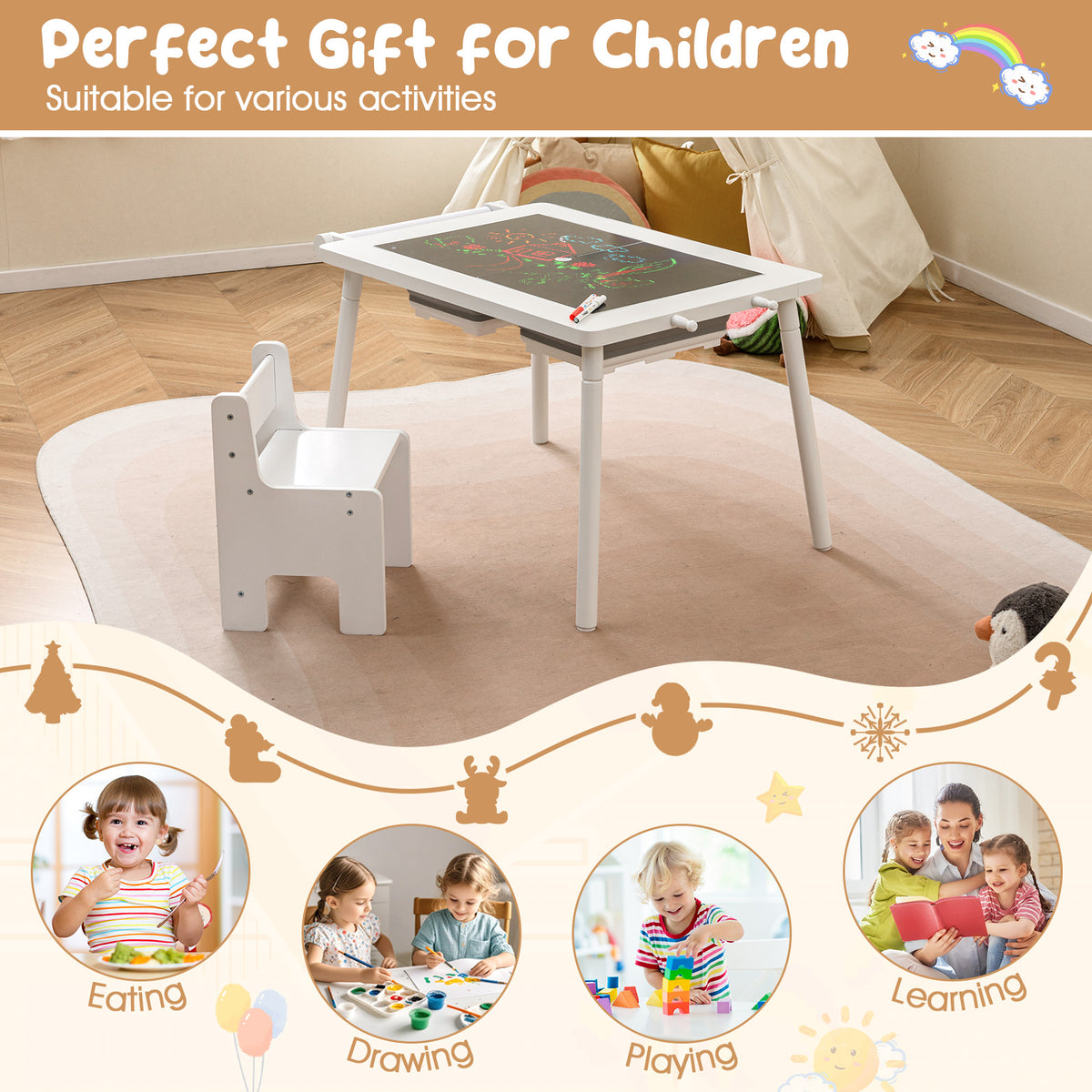 Kids Sensory Table and Chair Set with Foldable Bins - White, Adjustable Height