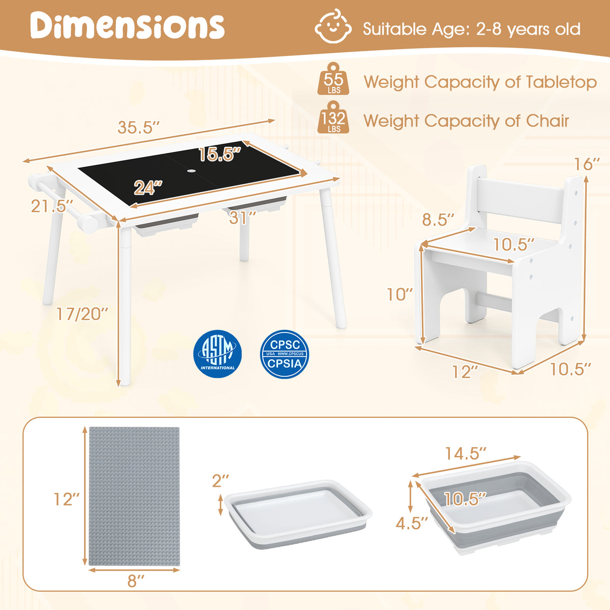 Kids Sensory Table and Chair Set with Foldable Bins - White, Adjustable Height