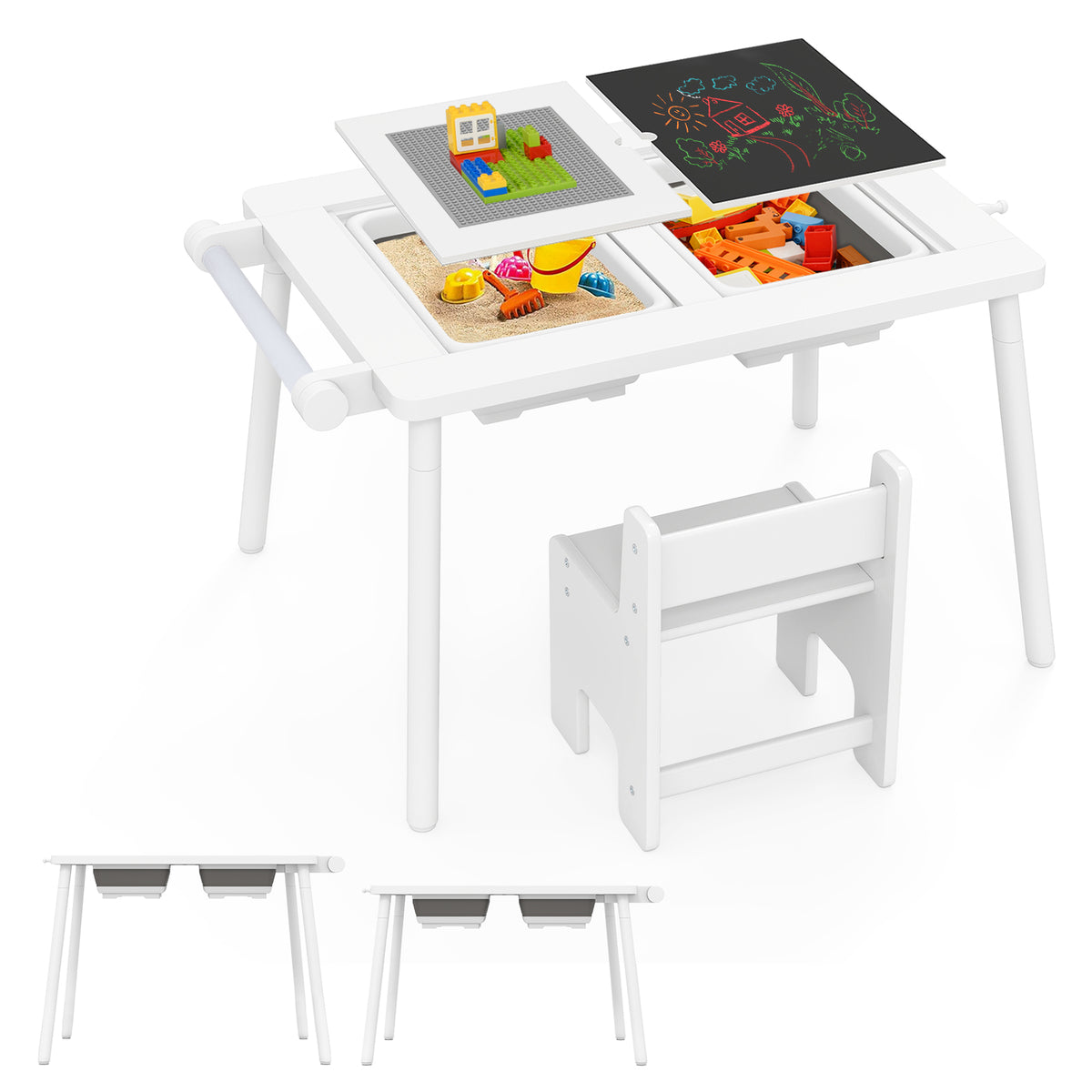 Kids Sensory Table and Chair Set with Foldable Bins - White, Adjustable Height