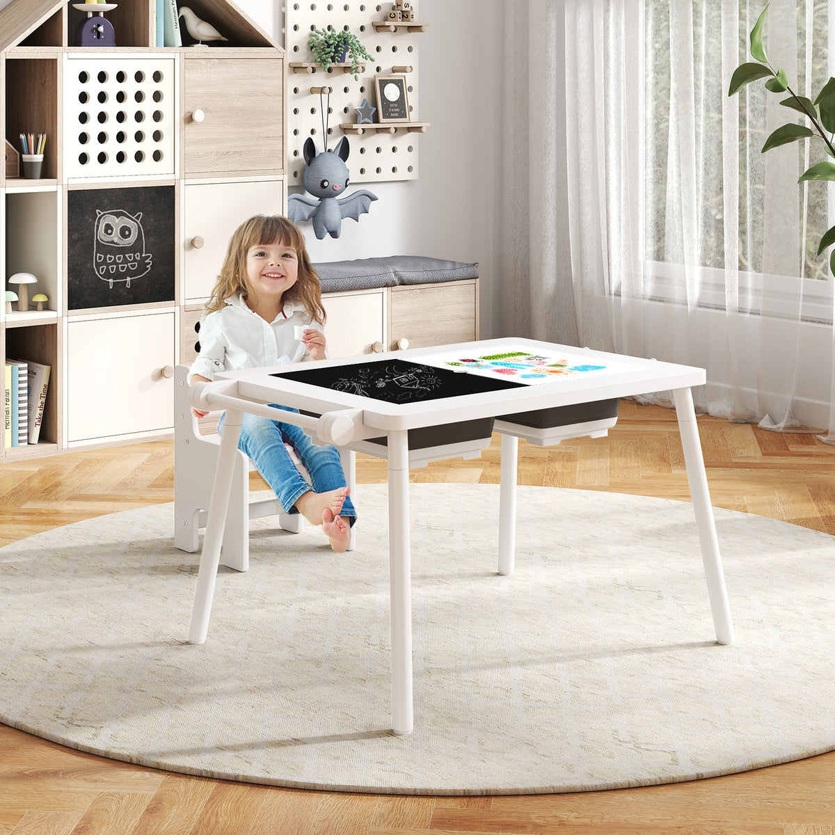 Kids Sensory Table and Chair Set with Foldable Bins - White, Adjustable Height