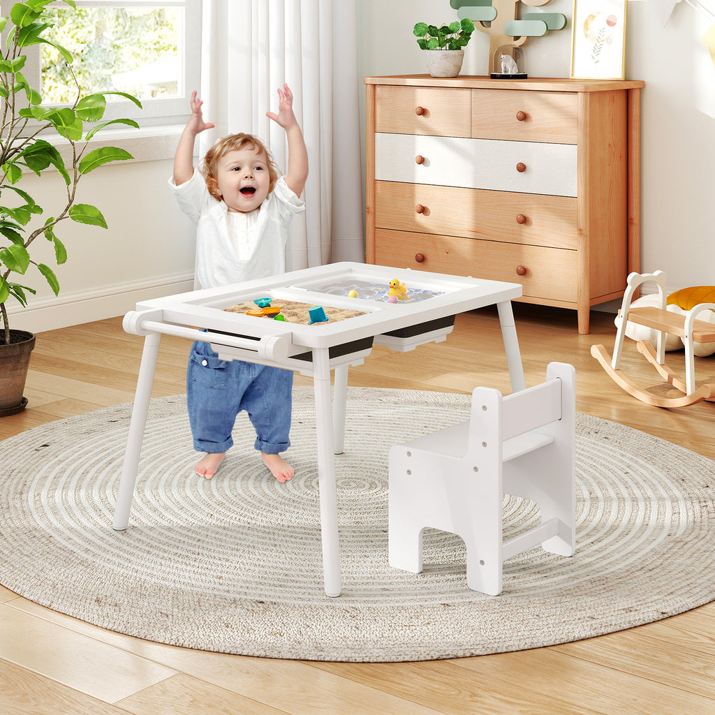 Kids Sensory Table and Chair Set with Foldable Bins - White, Adjustable Height