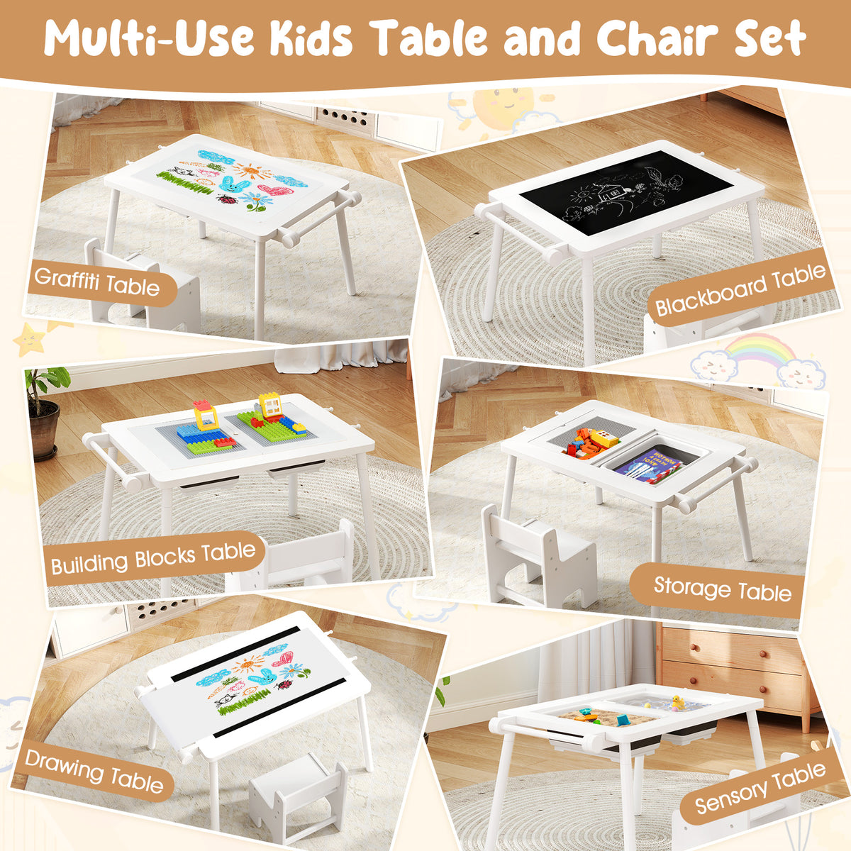 Kids Sensory Table and Chair Set with Foldable Bins - White, Adjustable Height