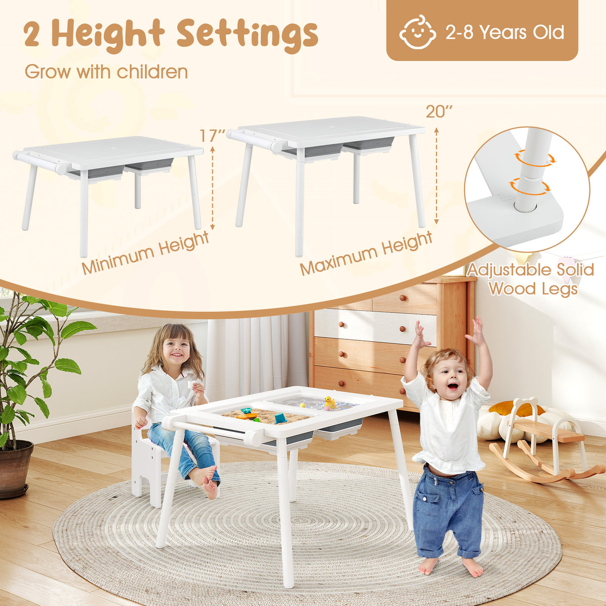 Kids Sensory Table and Chair Set with Foldable Bins - White, Adjustable Height